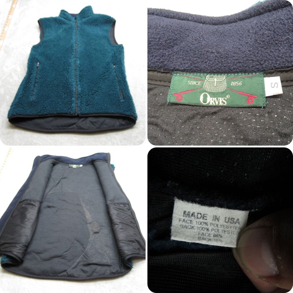 Orvis Vest Men Small Dark Turquoise Pockets Fuzzy Fleece Full Zip USA Made VTG